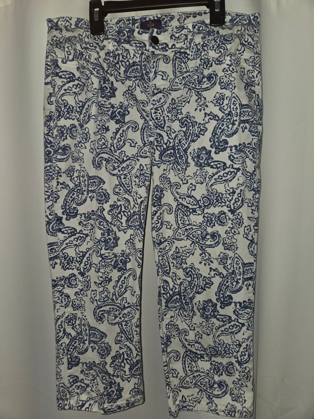 NYDJ Cropped Pants Womens 6 Blue White Paisley Pull On Zip Fly Button Front